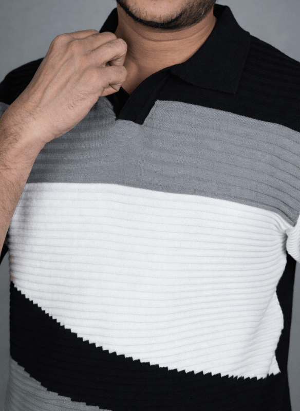 Horizon Wave Polo - Black Grey White Ribbed Knit Shirt