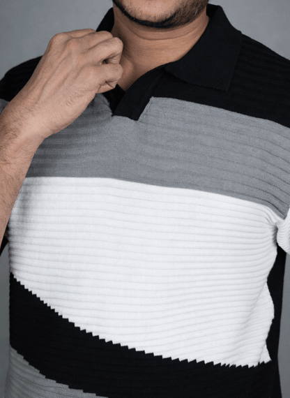 Horizon Wave Polo - Black Grey White Ribbed Knit Shirt