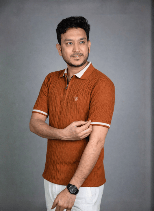 Cable Knit Brown Polo - Rust Orange Textured Zip T-Shirt
