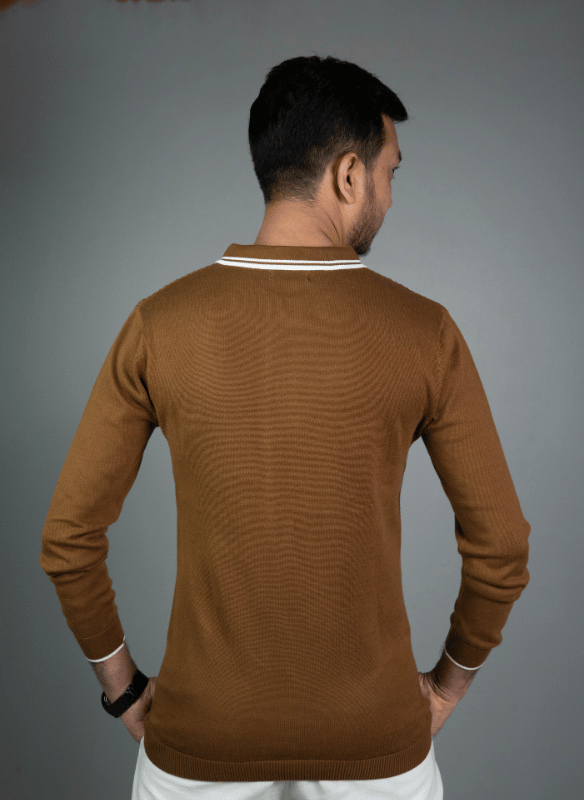 Brown Textured Polo - White Trim Long Sleeve Knit