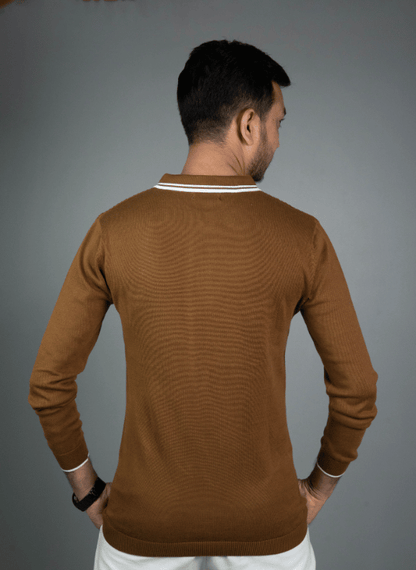 Brown Textured Polo - White Trim Long Sleeve Knit