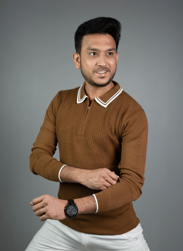 Brown Textured Polo - White Trim Long Sleeve Knit