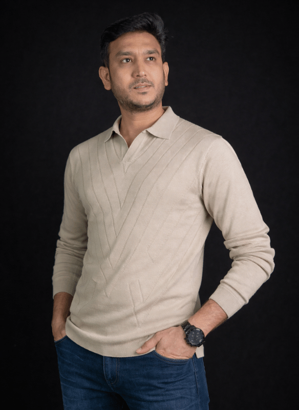 Beige Geometric Knit Polo - Long Sleeve Textured V