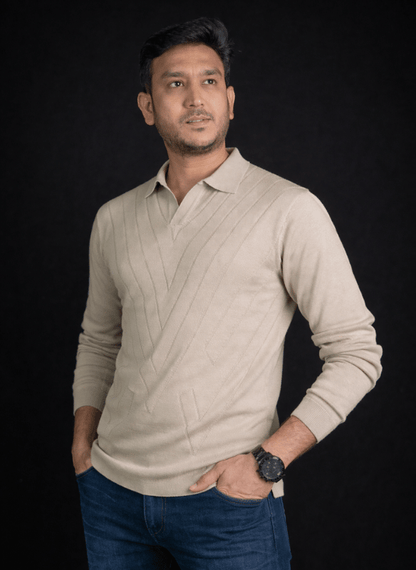 Beige Geometric Knit Polo - Long Sleeve Textured V