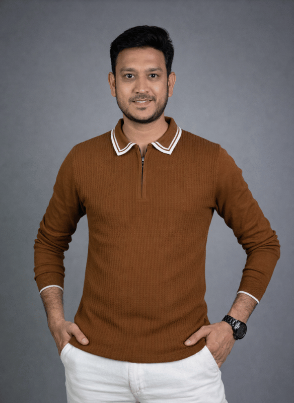 Brown Textured Polo - White Trim Long Sleeve Knit