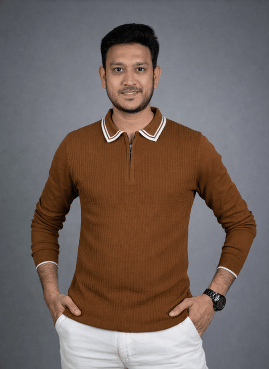 Brown Textured Polo - White Trim Long Sleeve Knit