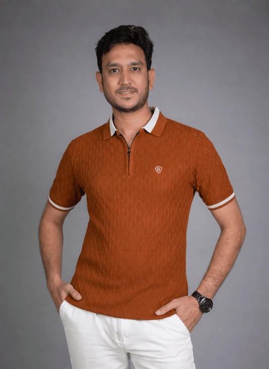 Cable Knit Brown Polo - Rust Orange Textured Zip T-Shirt