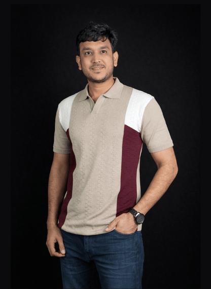 Desert Panel Polo - Beige Burgundy White Knit T-Shirt