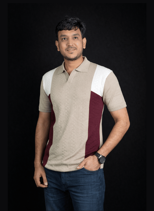 Desert Panel Polo - Beige Burgundy White Knit T-Shirt