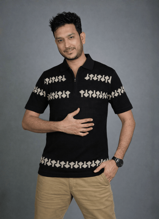 Geometric Pattern Black Polo - Beige Tribal Knit T-Shirt