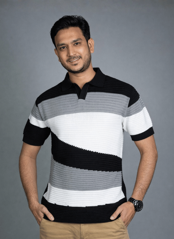 Horizon Wave Polo - Black Grey White Ribbed Knit Shirt