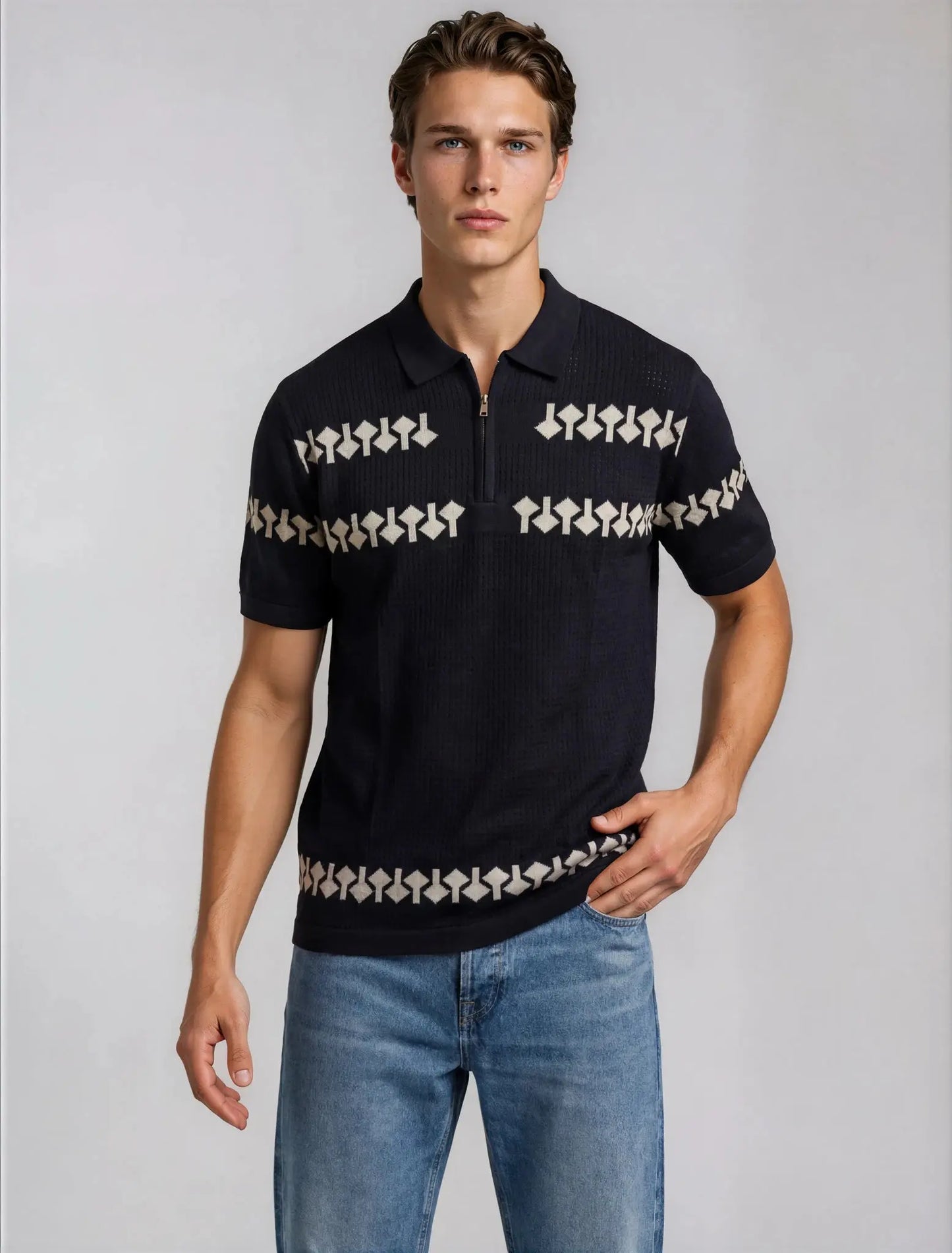 Geo Band Zip Polo - Black