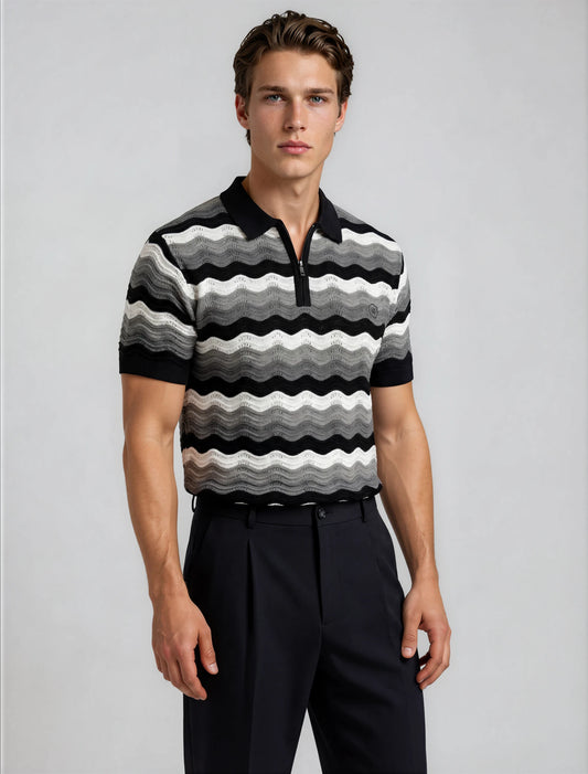 Wave Knit Zip Polo — Black Grey