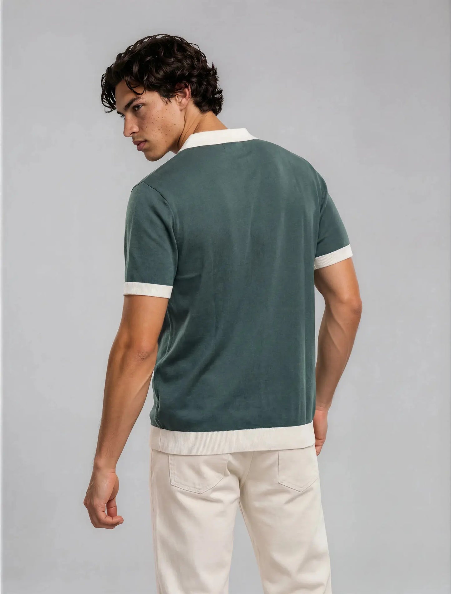 Colour Block Zip Polo - Sage Green