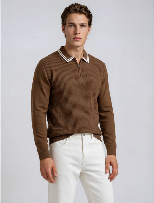 Ribbed Knit Full Sleeve Polo — Brown
