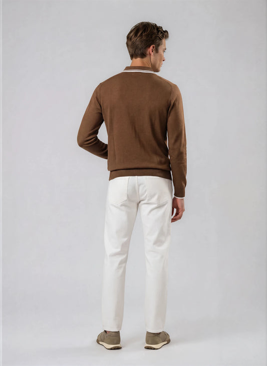 Ribbed Knit Full Sleeve Polo — Brown