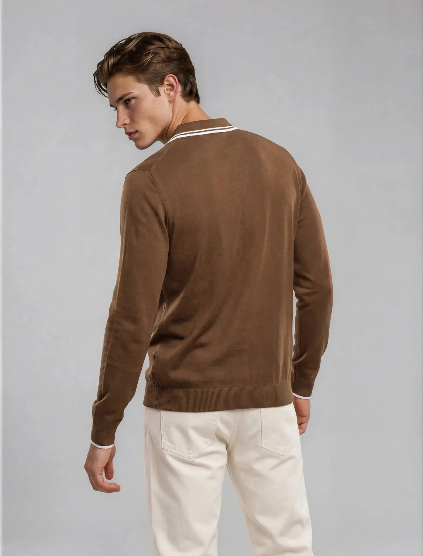 F3 - Ribbed Knit Full Sleeve Polo — Brown