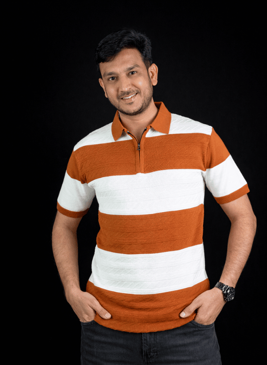 Sunset Stripe Polo - Orange White Zip Knit T-Shirt Men