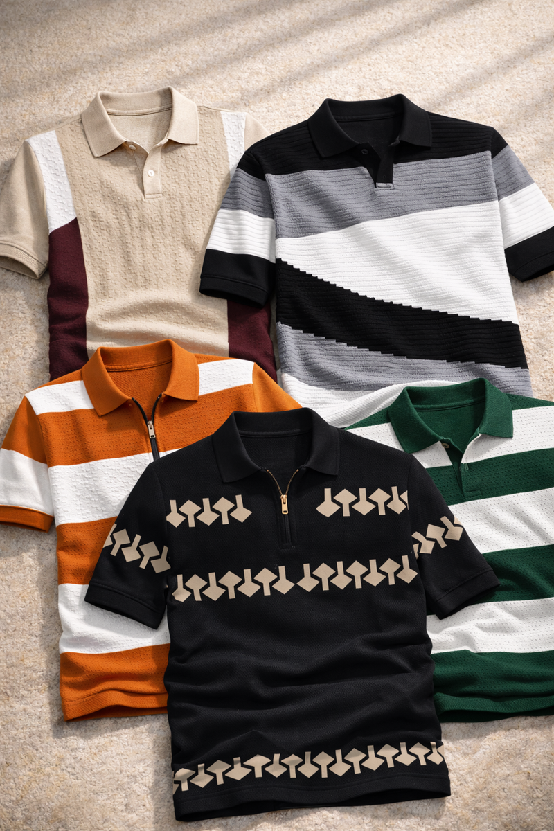 HARVON premium cotton polo t-shirt collection flat lay on beige fabric background featuring five designs in beige, black-grey, orange stripe, black print and green stripe